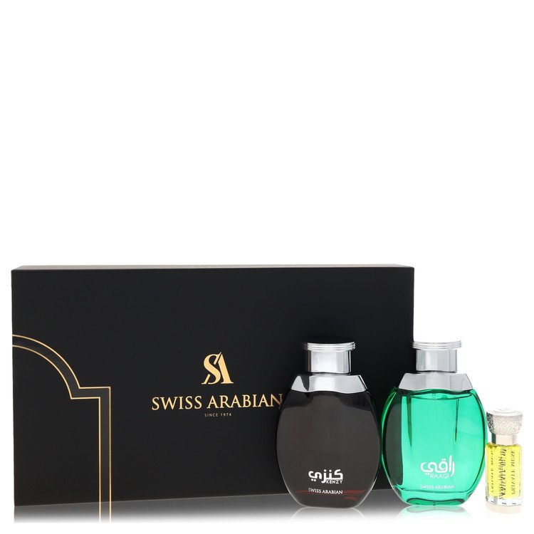 Kenzy Gift Set, 2 x 3.4 oz Eau De Parfum in Raaqi & Kenzy + .4 oz Concentrated Perfume Oil in Private Musk By Swiss Arab