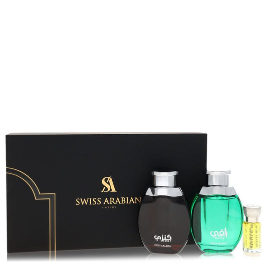 Kenzy Gift Set, 2 x 3.4 oz Eau De Parfum in Raaqi & Kenzy + .4 oz Concentrated Perfume Oil in Private Musk By Swiss Arab