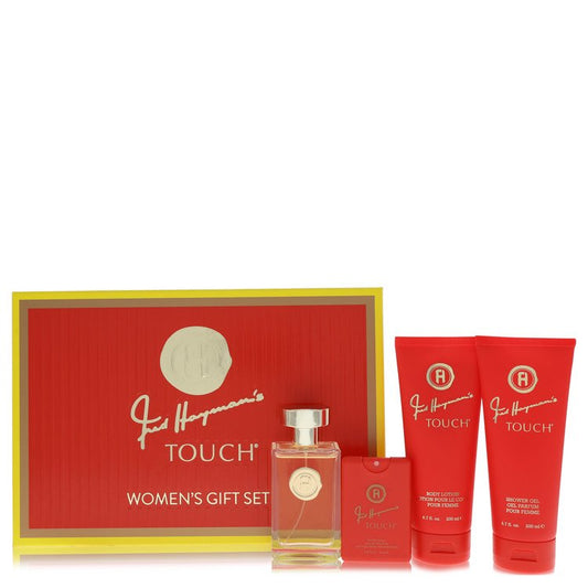 Touch Gift Set, 3.4 oz Eau De Toilette Spary + 6.7 oz Body Lotion + 6.7 oz Shower Gel + 0.61 oz Pocket Soray By Fred Hay